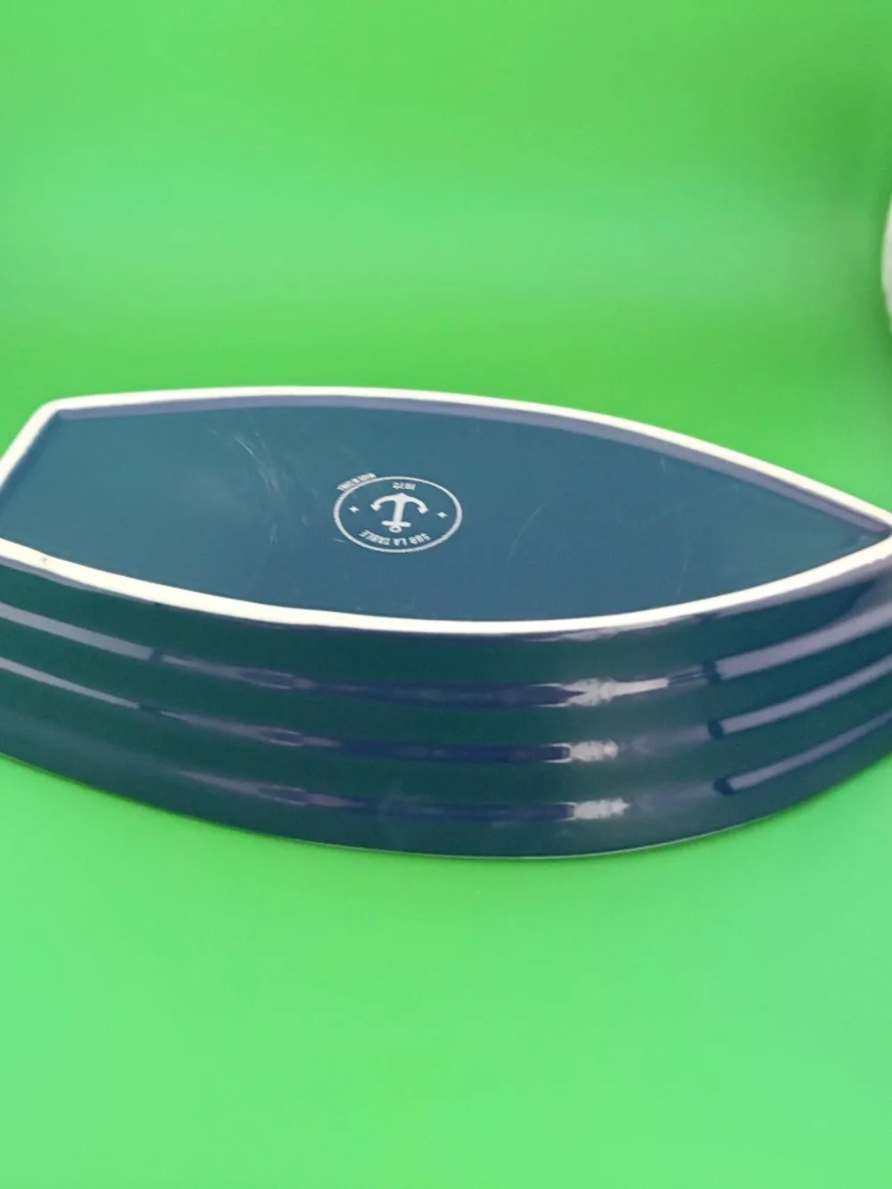 Share Sur La Table Boat-Shaped Serving Bowl Navy Blue White Interior Glazed Ston